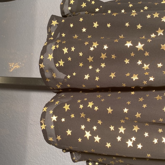 IF BY SEA - black shorts romper s/s w gold stars sheer mesh overlay, deepV - L - Picture 12 of 16